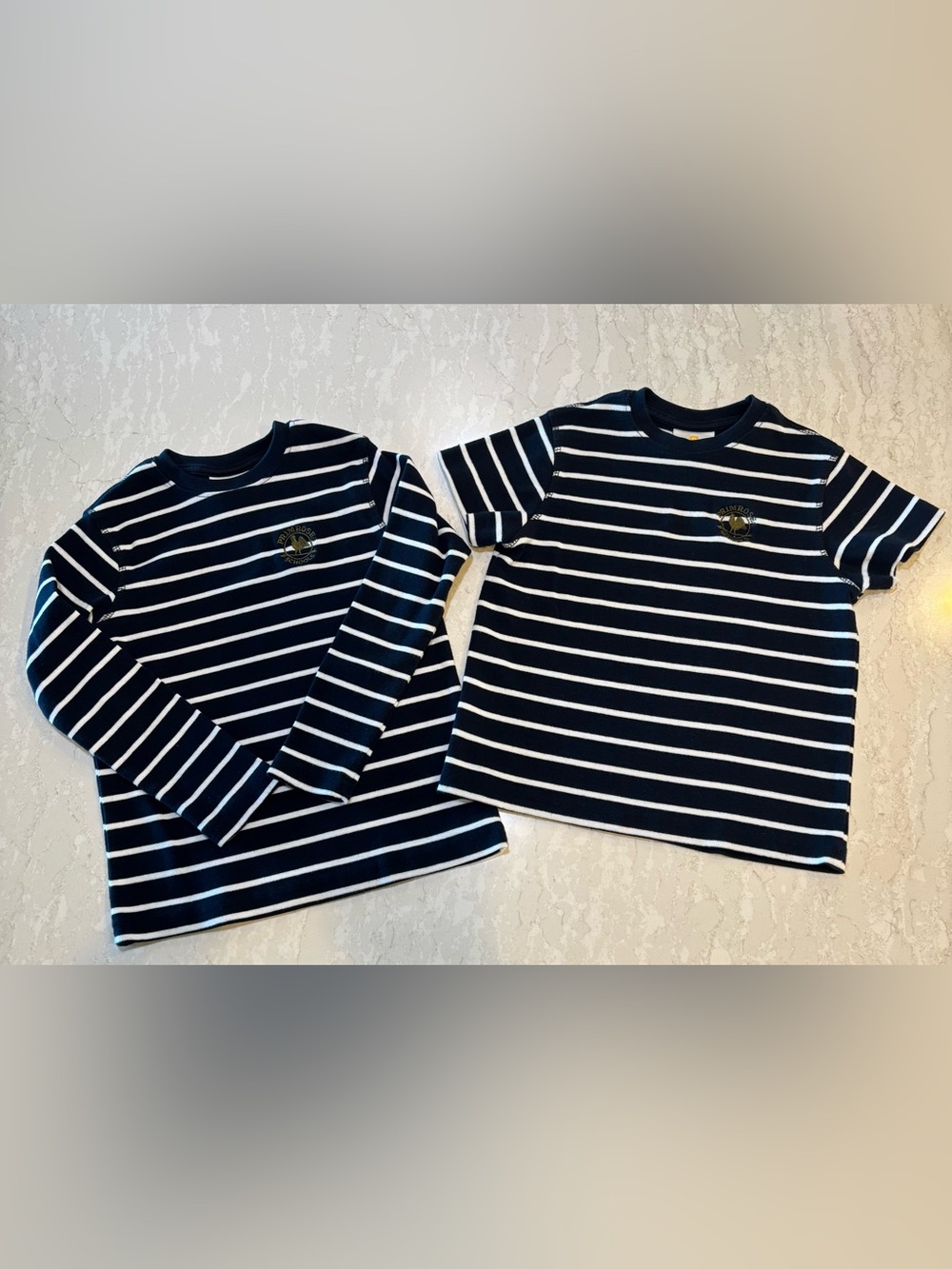 Primrose Dennis Uniforms. Set of 2 Unisex Blue and White Stripe Tops. Size YXS